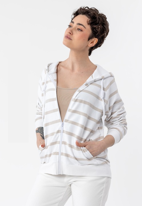 Hanorac cu gluga din bumbac dama, cu fermoar, cu dungi, buzunare, Volcano B-Kira, alb/bej, Alb/Bej