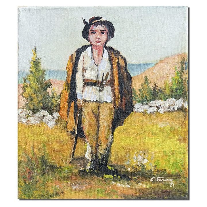 Tablou ciobanas pictat manual, 30x25cm ulei pe panza, reproducere Nicolae Grigorescu