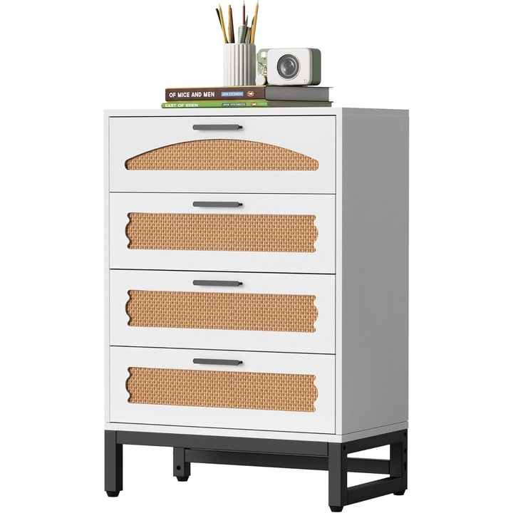 Comoda cu 4 sertare, ratan natural, manere si picioare, pentru dormitor si living, alb