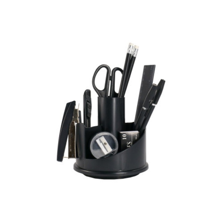 Комплект за бюро, въртящ се, 14 части, пълен органайзер за бюро, поставка за химикалки, телбод, ножица, линийка, макетен нож, офис аксесоари