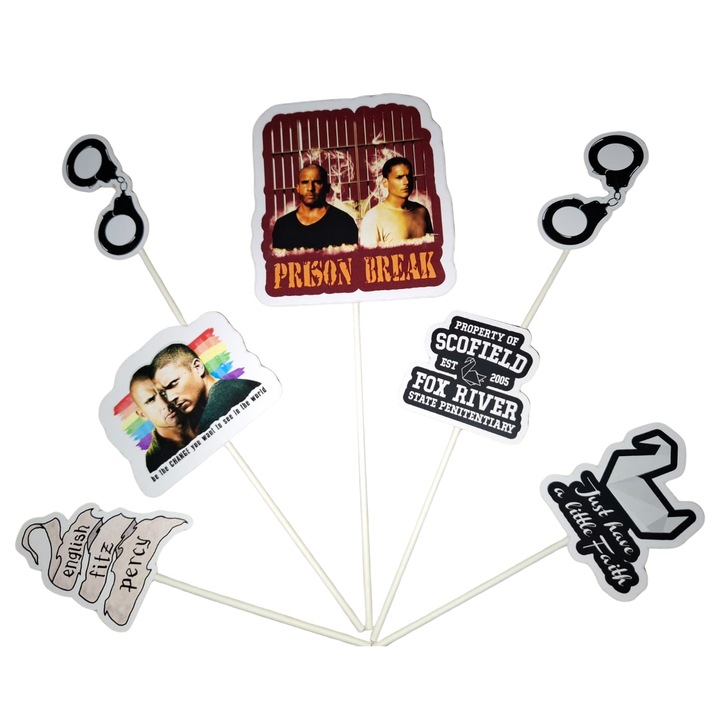 Decoratiune topper tort carton, tematica Prison Break, aniversare - 7 piese