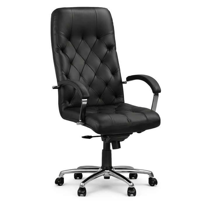 Fotoliu Directorial Piele Naturala Cuba Steel Chrome LE-A, Baza Cromata, Reglabil, Negru, 120 kg max