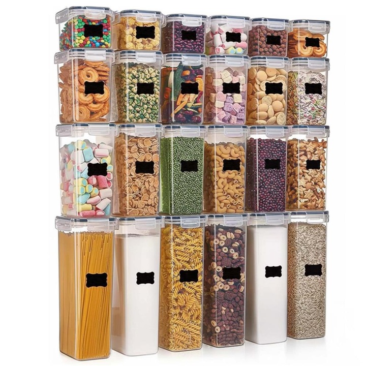 Set 24 recipiente pentru depozitare alimente, cu capace etanse, etichete si marker, plastic PP, transparent/gri