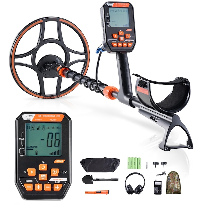 Detector de metale, Profesional pentru aur, Impermeabil IP68, Bobina 30, 5 cm, Afisaj, Sapte moduri, Lungime reglabila, Casti wireless