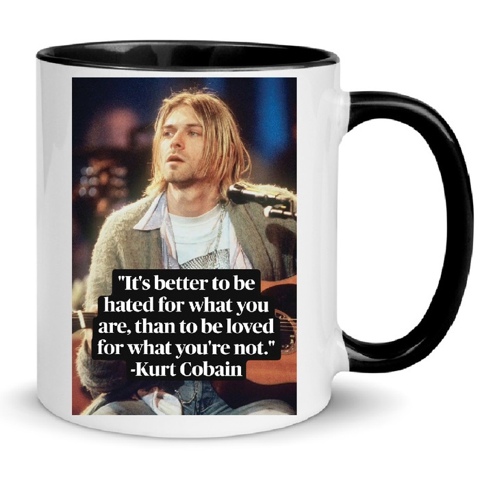 Cana ceramica Nirvana Kurt Cobain, 330ml, alb cu negru, ergonomic, lavabila la masina de spalat