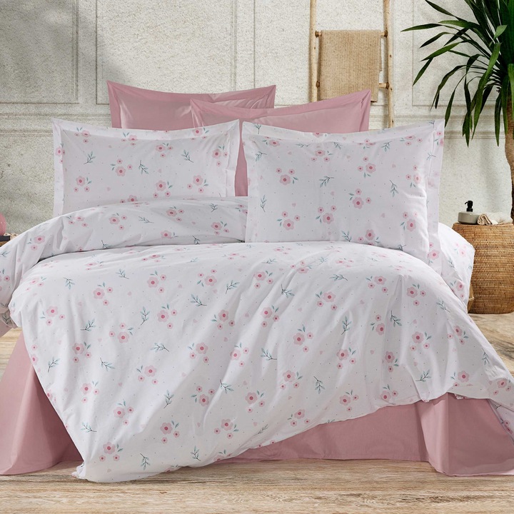 Ranforce Cotton Pro 100% pamut ágynemű, King Size huzattal, 4 részes, virágos, fehér/rózsaszín RCP31, Ralex Pucioasa