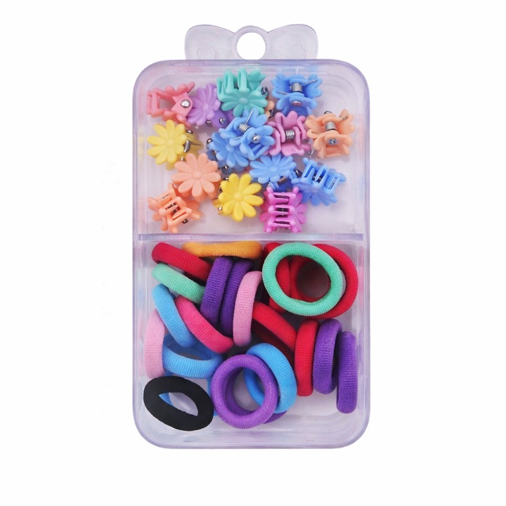 Комплект от 25 ластика за коса 1,5 см и 16 мини флорални шноли 0,8 см, прозрачна кутия органайзер