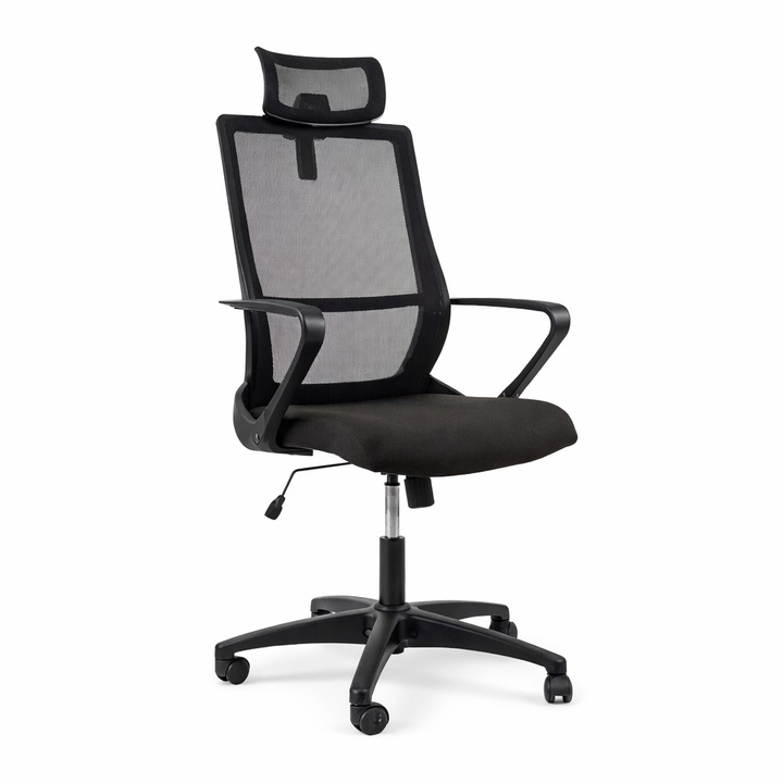 Ергономичен офис стол Fly HB OH/5 C-11, Директорски мрежест стол с регулируема облегалка за глава, лумбална опора, TILT механизъм, регулируема височина, 130 кг макс., Черен, Идеален за офис и домашен офис