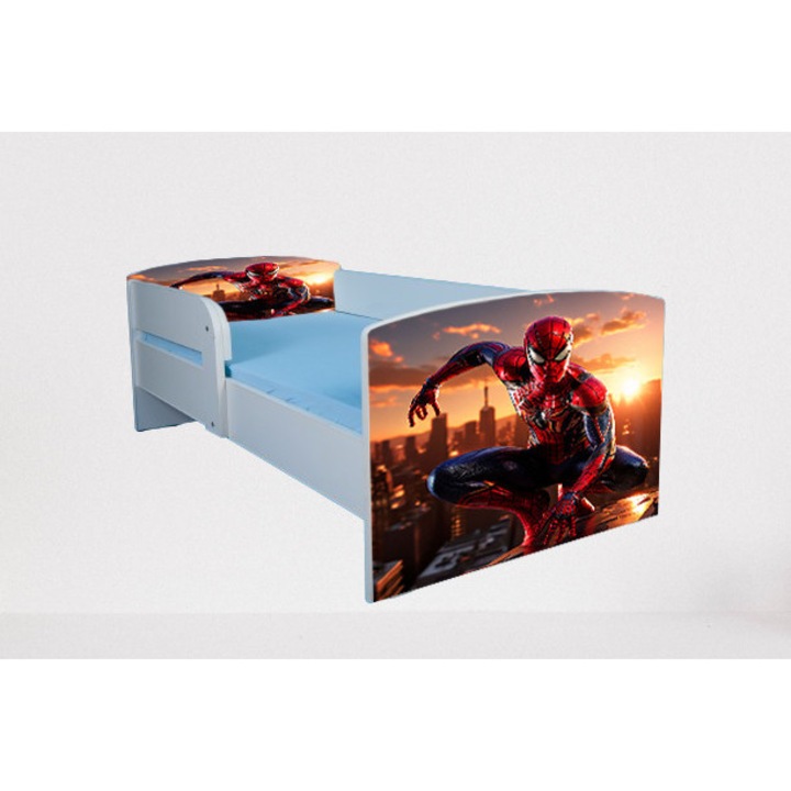 Pat copii Spiderman, alb, 130x60 cm, cu saltea Safe Nest 6 cm, cu protectie