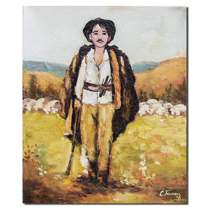 Tablou celebru ciobanas pictat manual, 30x25cm ulei pe panza, reproducere Nicolae Grigorescu