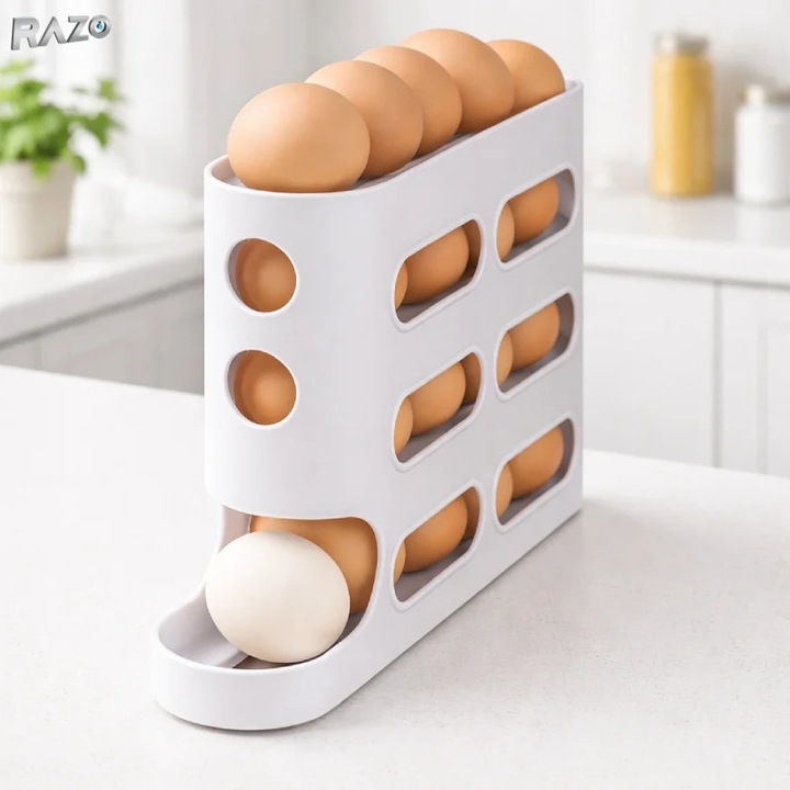 RAZO tojástároló automatikus gurítással, 4 rétegű, akár 30 tojás tárolására is alkalmas, ellenálló műanyag, fehér