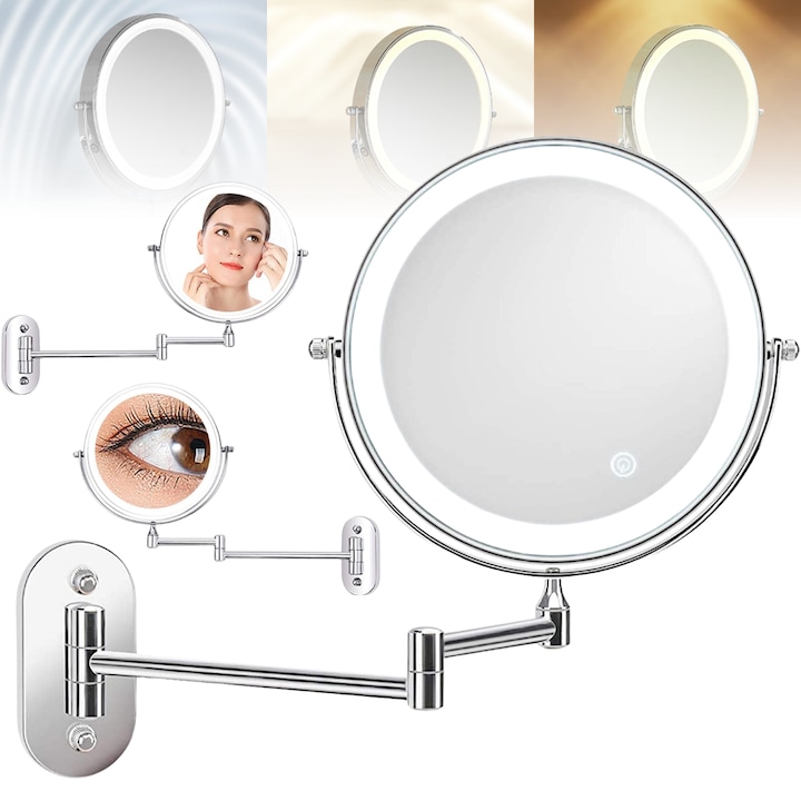 Oglinda cosmetica montata pe perete cu LED, Luxofia, dubla fata 1:1 si 1:10, rotire 360°, 3 tipuri de lumina, control tactil, design pliabil, finisaj rezistent la coroziune, gri
