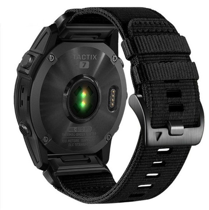 Curea Bratara Compatibila Garmin 61S, Fenix 8, 7X, Tactix 7 Pro, 26mm, Aspect 1:1, Nylon Premium, Sistem Quick Release, Design Sport, Negru