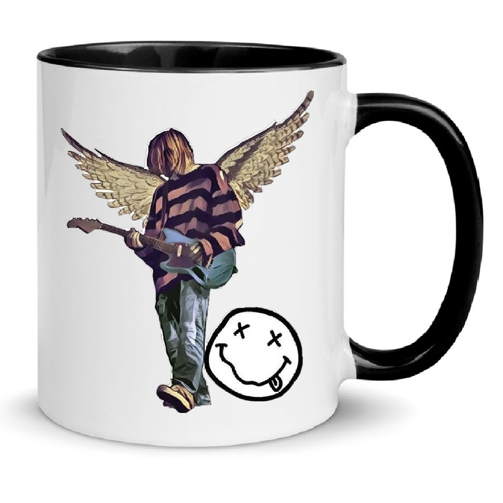 Cana ceramica Nirvana Kurt Cobain, 330ml, alb cu negru, lavabila la masina de spalat, cu maner ergonomic