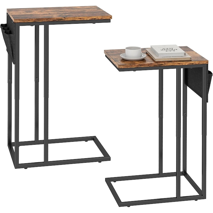 Set 2 mese laterale tip C, cadru metal, 40 x 30 x 64 cm, buzunar depozitare, pentru cafea si laptop, maro
