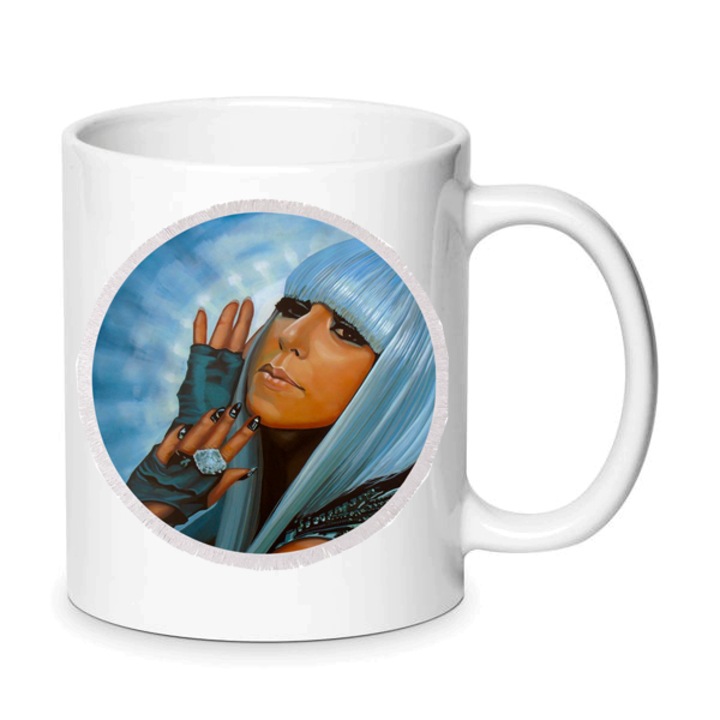 Cana ceramica Lady Gaga No6, 330ml, alb, design artistic, rezistenta la masina de spalat vase
