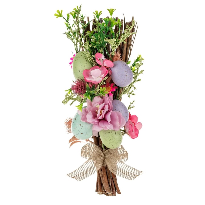 Buchet Decorativ de Paste cu Oua Flori Colorate 30cm