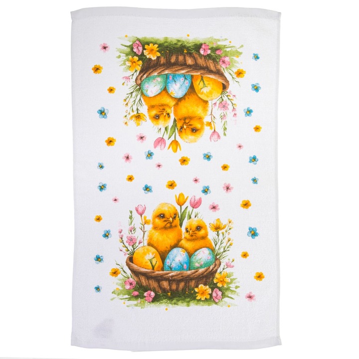 Prosop de Bucatarie din Bumbac Alb cu Model Cosulet cu Pui de Paste 60x35cm