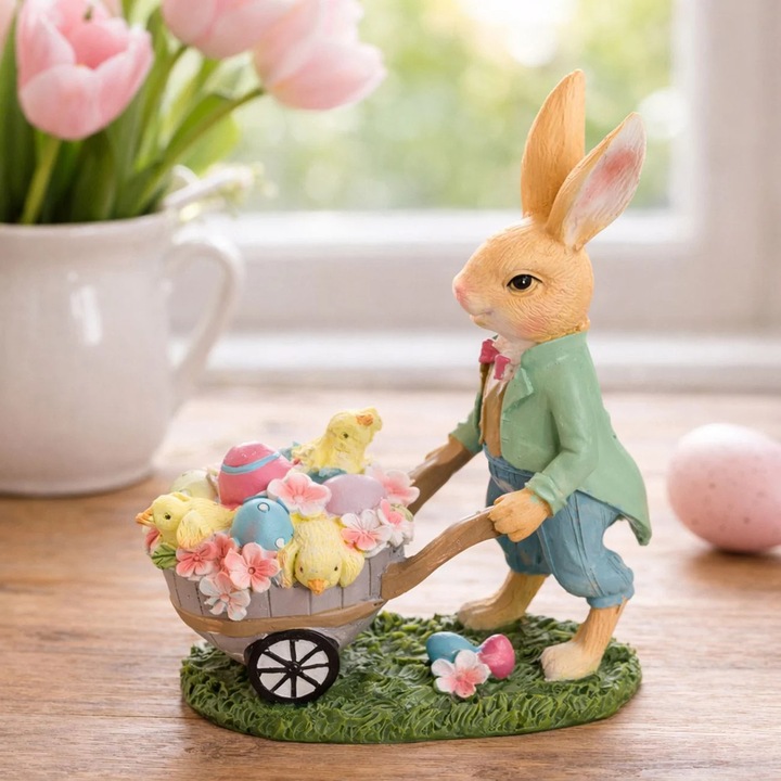 Figurina de Paste Iepure din Polyresin cu Carucior 19cm