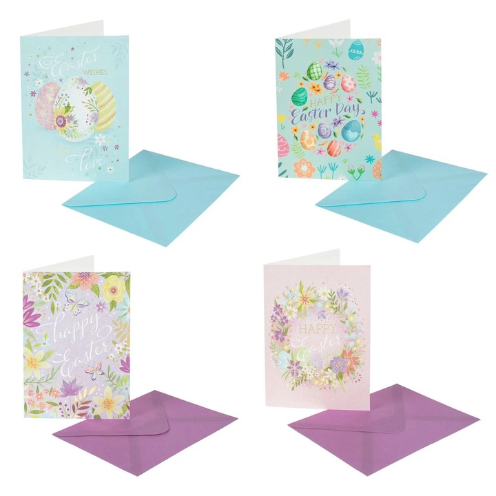 Felicitari cu Model de Paste Flori Oua Coronita Glitter Folie & Plicuri Bleu Mov 12x17cm - 4buc