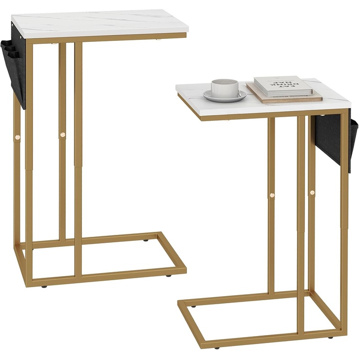 Set 2 mese laterale tip C, cadru metal, 40 x 30 x 64 cm, buzunar depozitare, pentru cafea si laptop, alb