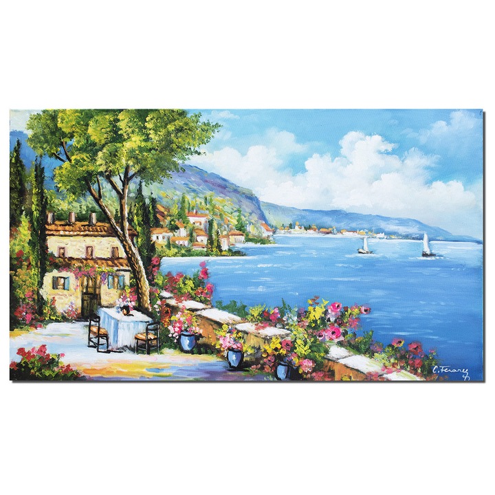 Tablou peisaj mediteranean pictat manual, O zi minunata pe terasa, 100x60cm ulei pe panza, Constantin Feraru