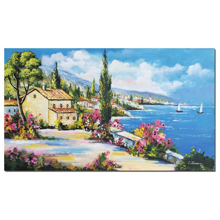 Tablou Artnova peisaj mediteranean pictat manual, O zi minunata, 100x60cm ulei pe panza, Constantin Feraru