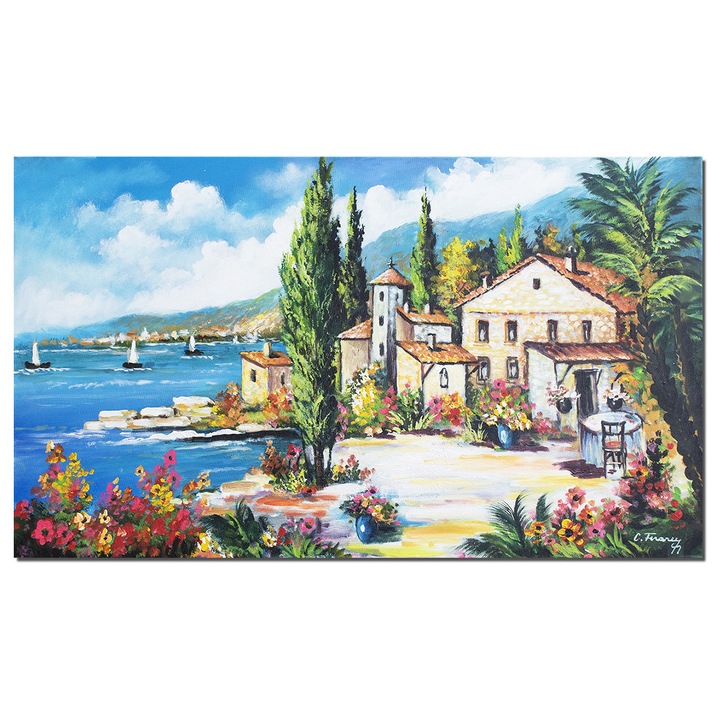 Tablou peisaj mediteranean Grecia pictat manual, O zi minunata, 100x60cm ulei pe panza, Constantin Feraru