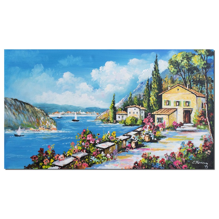 Tablou peisaj mediteranean pictat manual, Calmitate, 100x60cm ulei pe panza, Constantin Feraru