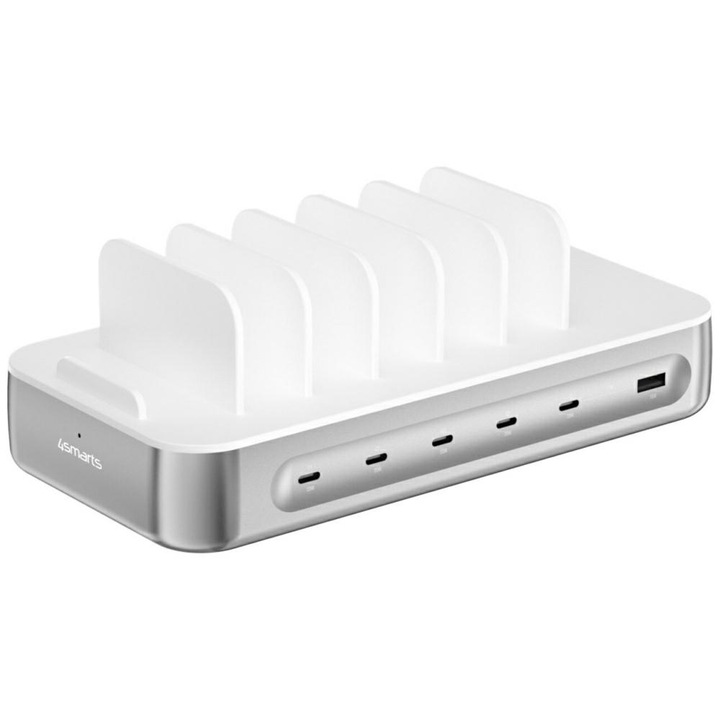 4smarts Team töltőállomás, PD 100W, 4x USB-C, 2x USB-A, ezüst
