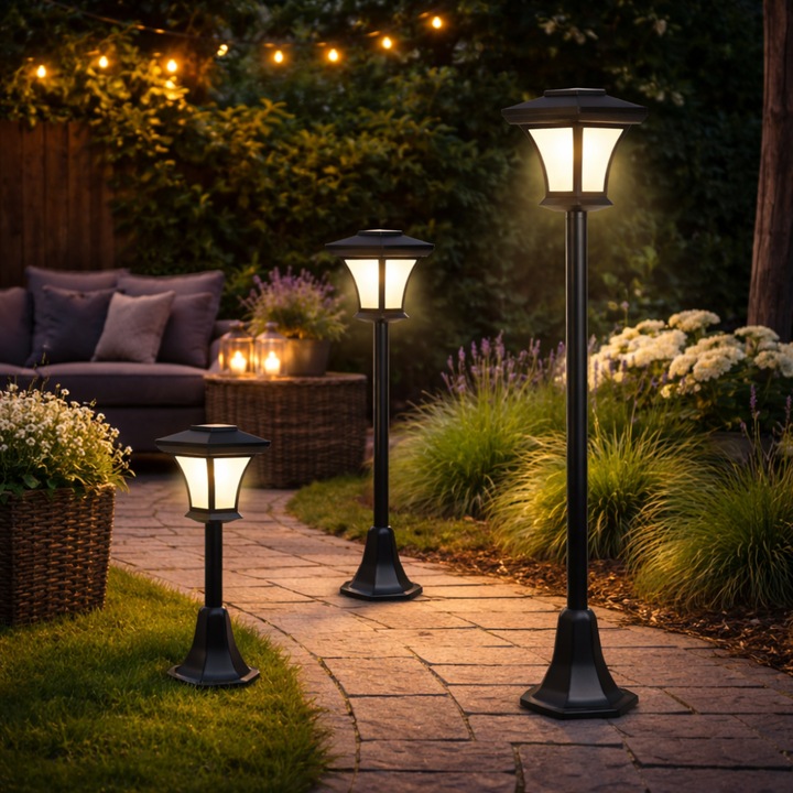 Felinar de Gradina LED Tip Stalp Alista Home®, Terasa si Gradina, Dimensiune Reglabila 66x90x120cm, 10 LED SMD, Acumulator 800mAh, IP44, Negru