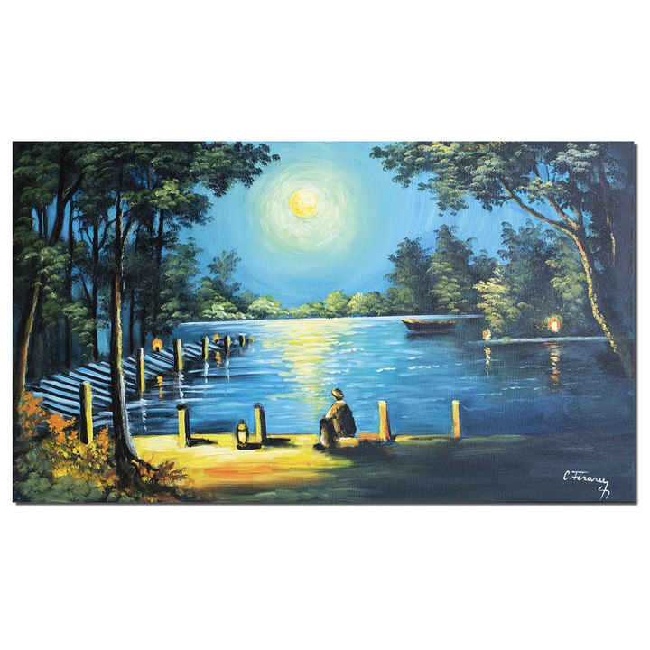 Tablou scena linistita la malul apei, in lumina lunii, cu un pescar stand pe un ponton, pictat manual, 100x60cm ulei pe panza, Constantin Feraru