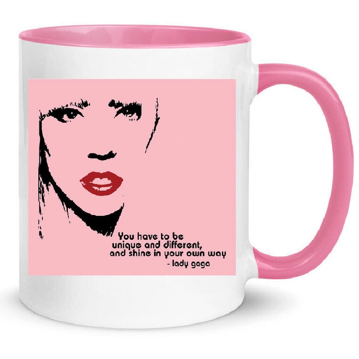 Cana Lady Gaga No15, ceramica, 330ml, alb cu roz, ergonomic, rezistenta la masina de spalat vase