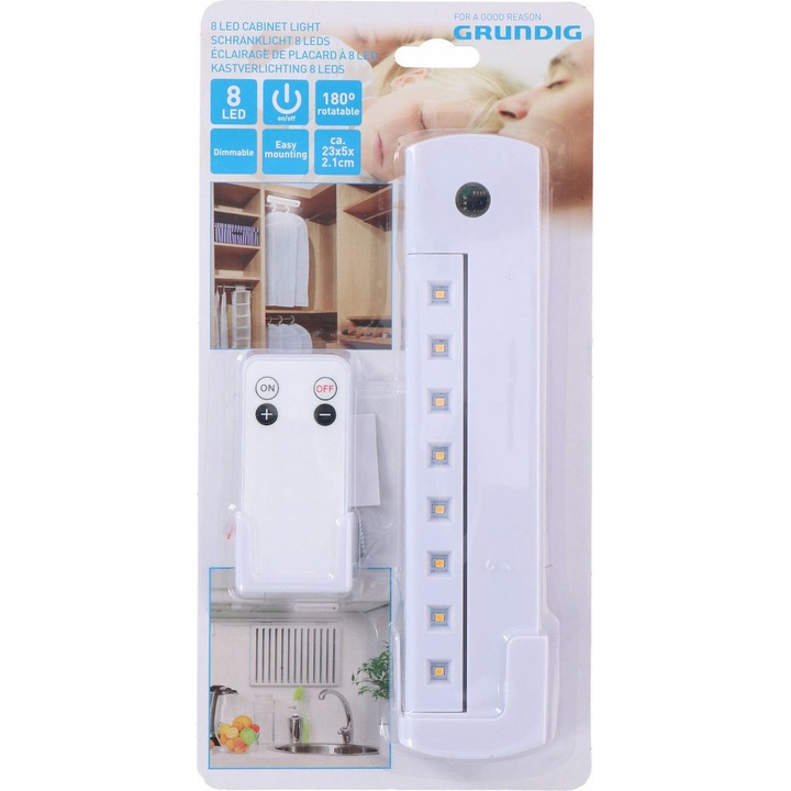 Лампа за гардероб, дрешник, аварийна лампа, осветление 8 LED, дистанционно управление, работи с 3 x AA батерии, Grundig