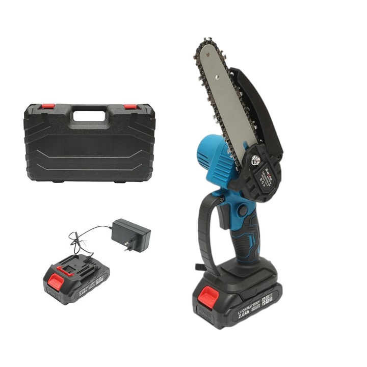 Mini elektromos fűrész 2 db 24V, 2Ah Li-ion akkumulátorral, 6 hüvelykes (150mm) pengével, 4000 ford./perc fordulatszámmal, Breckner Germany