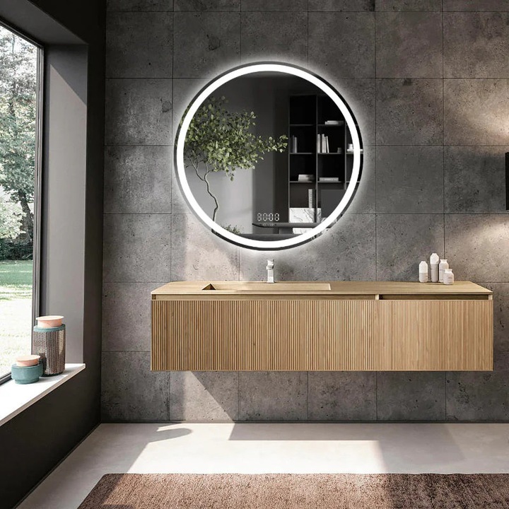 Oglindă LED rotundă SharkDesign, 80x80cm, 3 tipuri de lumină, senzor de mișcare, dezaburire