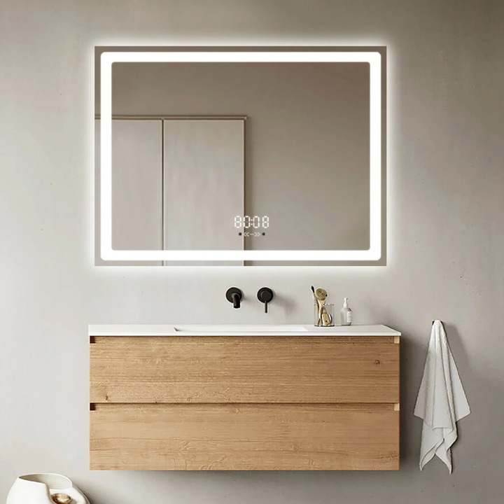 LED огледало 80×60 см правоъгълно, първокласен сензор за движение – 3 вида светлина, димируемо, часовник и температура, обеззамъгляване