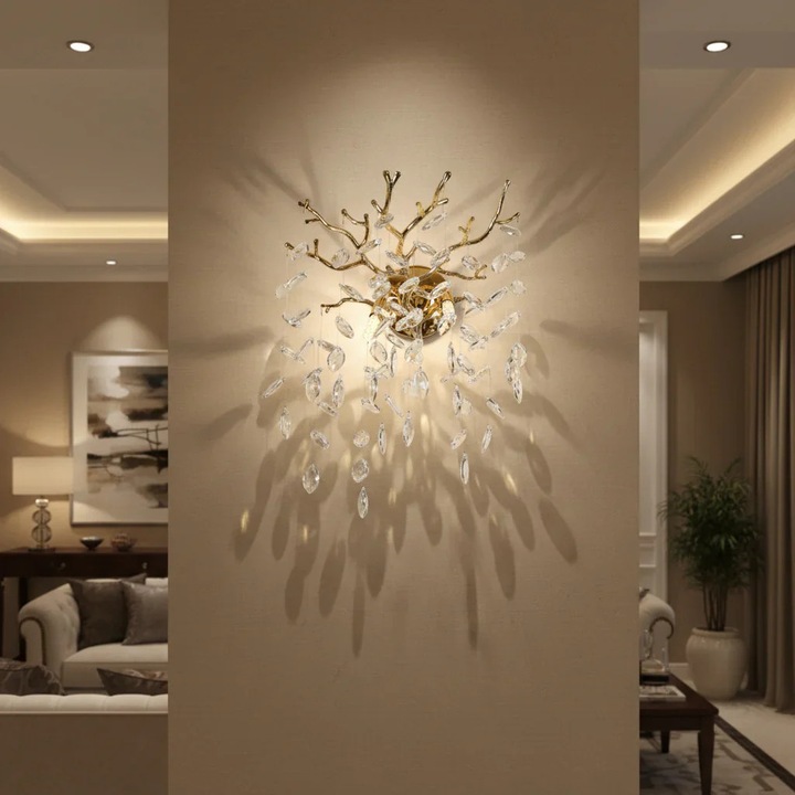 Стенна лампа RFAN, модел W33007/2L, кристална текстура, метал, 2 x E14, златиста