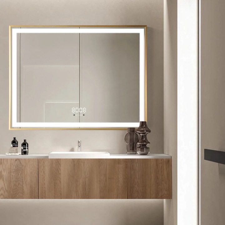 LED огледало SharkDesign, правоъгълно, 80x60см, златна рамка, 3 вида светлина, сензор за движение