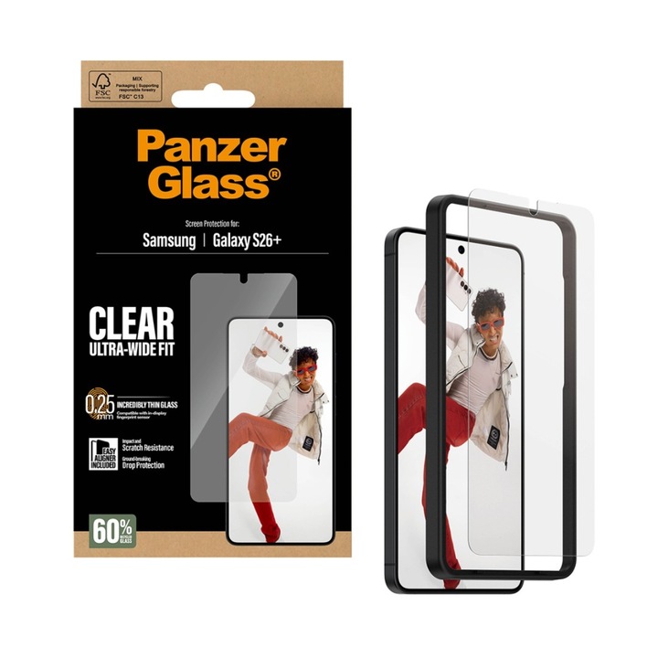 Protector de ecran PanzerGlass pentru Samsung Galaxy S26 Plus, Ultra-Wide Fit cu EasyAligner