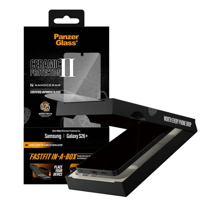 Стъклен протектор PanzerGlass за Samsung Galaxy S26 Plus, Ceramic, Ultra-Wide Fit w. FASTFIT IN-A-BOX