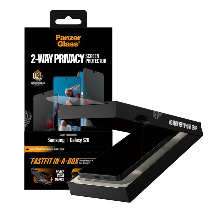 Стъклен протектор PanzerGlass за Samsung Galaxy S26, 2-Way Privacy, Ultra-Wide Fit w. FASTFIT IN-A-BOX