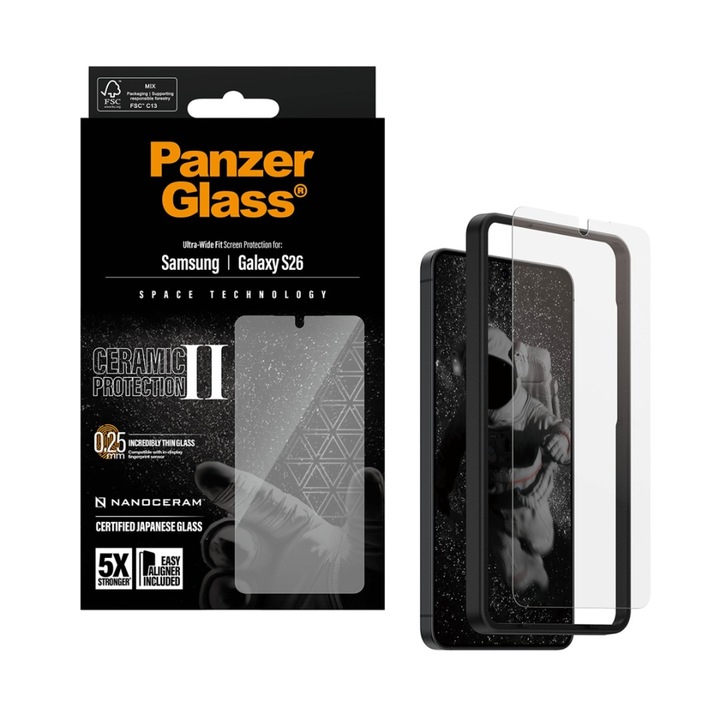 Protector de ecran PanzerGlass pentru Samsung Galaxy S26, Ceramic, Ultra-Wide Fit cu EasyAligner