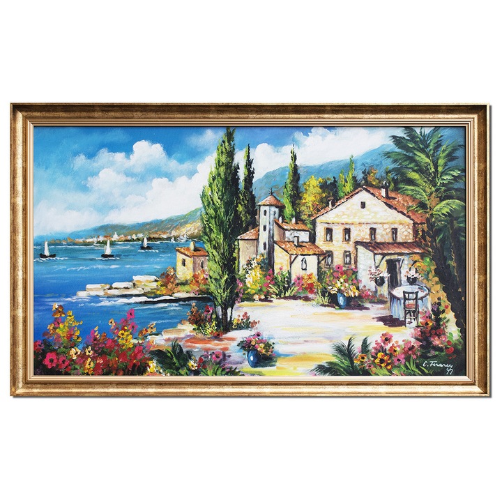 Tablou inramat peisaj mediteranean Grecia pictat manual, O zi minunata, 100x60cm ulei pe panza, Constantin Feraru