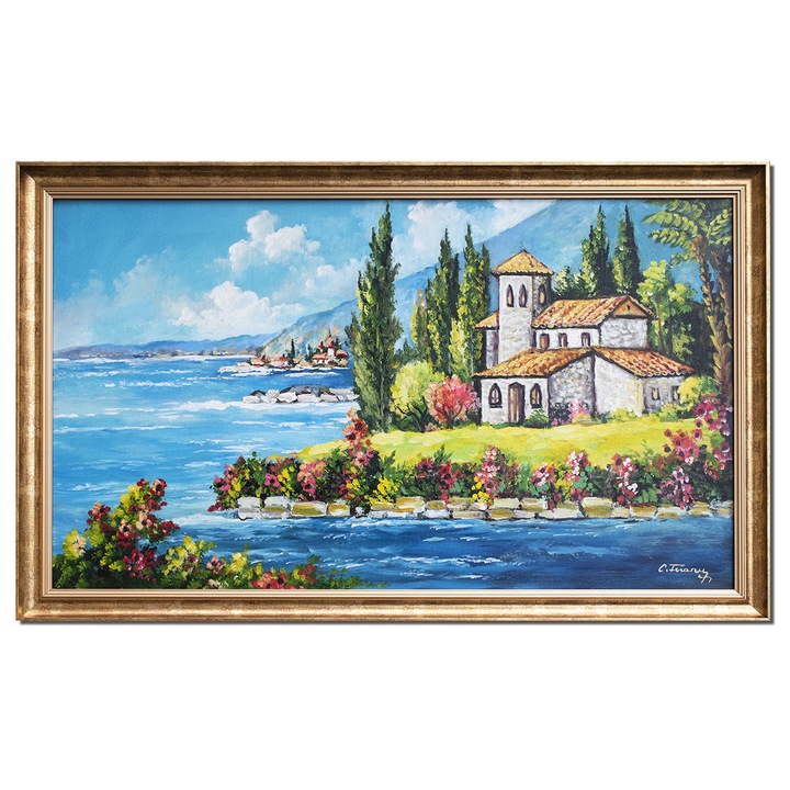 Tablou inramat peisaj mediteranean pictat manual, Vila toscana si chiparosi, 100x60cm ulei pe panza, Constantin Feraru