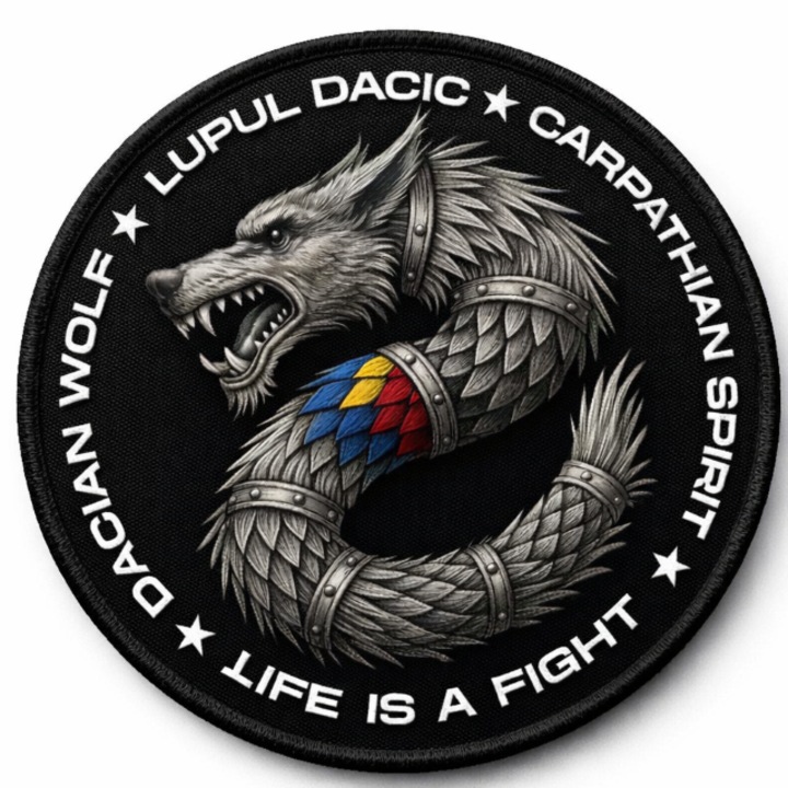 Petic Tesut Rexford Lupul Dacic, 8.5 cm, cu aplicare cu scai, bordura brodata, calitate impecabila