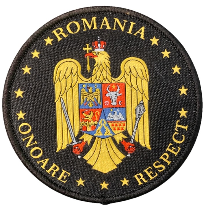 Petic tesut Rexford stema Romaniei cu aplicare cu scai, set 50 bucati, bordura brodata, camuflaj desert, 8.5 cm