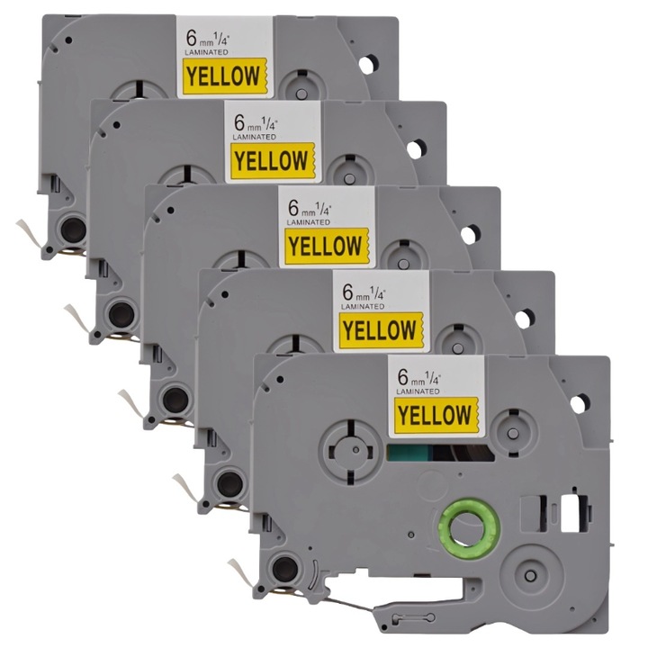 Pachet 5 bucati banda etichete laminate compatibila Brother TZe-611, 6 mm negru pe galben