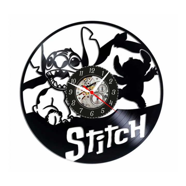 Dekoratív falióra - Stitch Experiment 626 - Játékos Sziluett Animációs Dizájn - bakelitlemezből (Vinyl Record) készült, Fekete