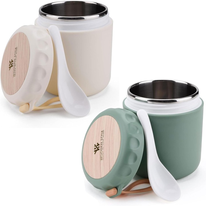 Set 2 recipiente cereale to go ERBO, 400 ml fiecare, Izolate termic, Capac etans cu maner si lingurita, Inox, culoare Verde + Bej